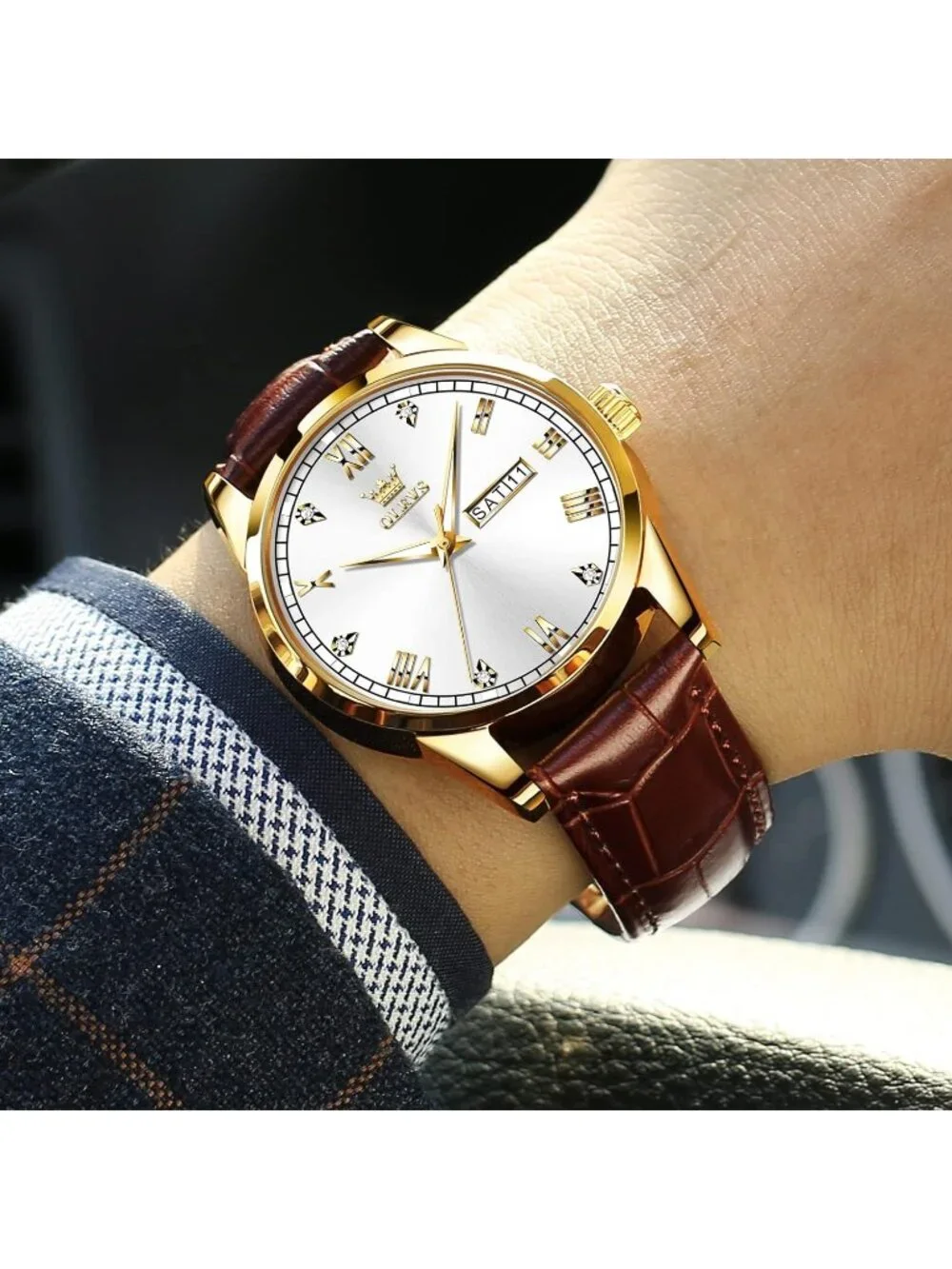 Men's White Fashion Quartz Leather Brown Buckle Waterproof Luminous Round Watch